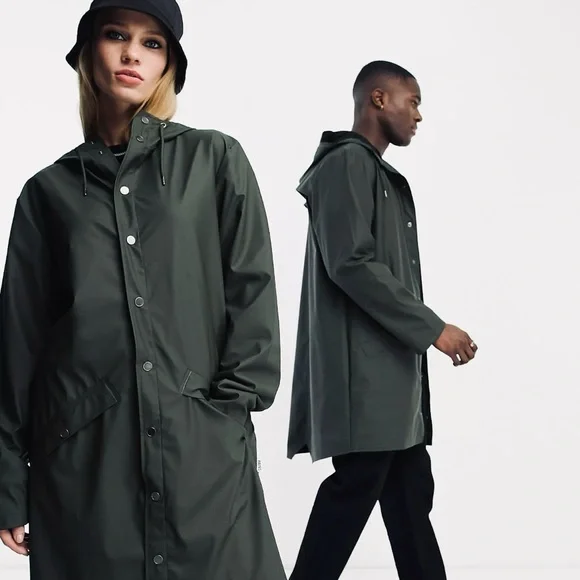 Rains LAST ONE 12020 unisex waterproof long jacket in green NWT - Picture 3 of 4